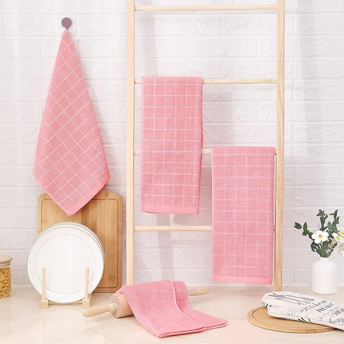 Homaxy 100% Cotton Terry Kitchen Towels - Soft, Super Absorbent Checkered Design | Pink, 13 x 28 Inches, 4 Pack