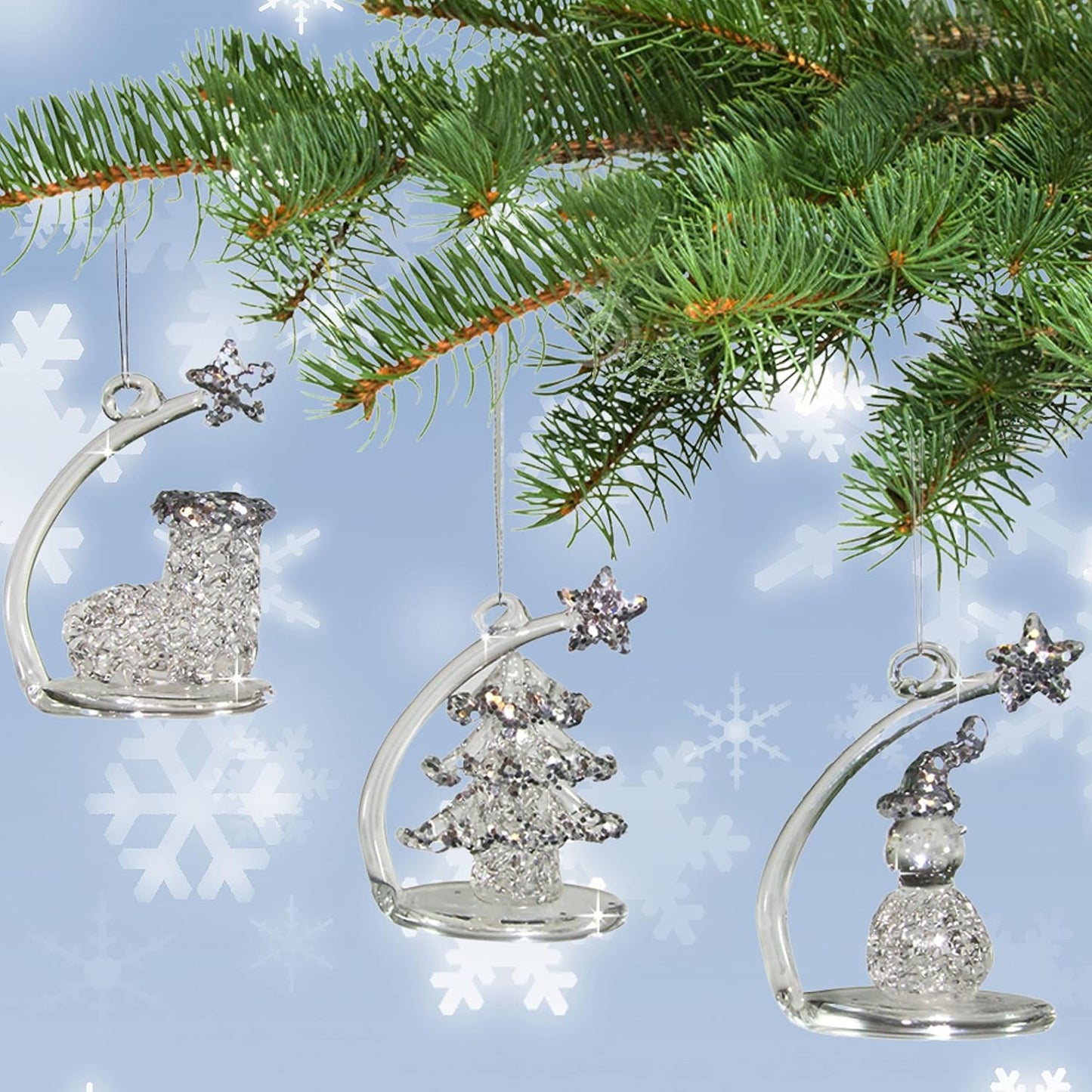 Glitter Christmas Ornaments Set of 3 - Boot, Tree & Snowman Glass Decor - 2.25” H x 1.75” W
