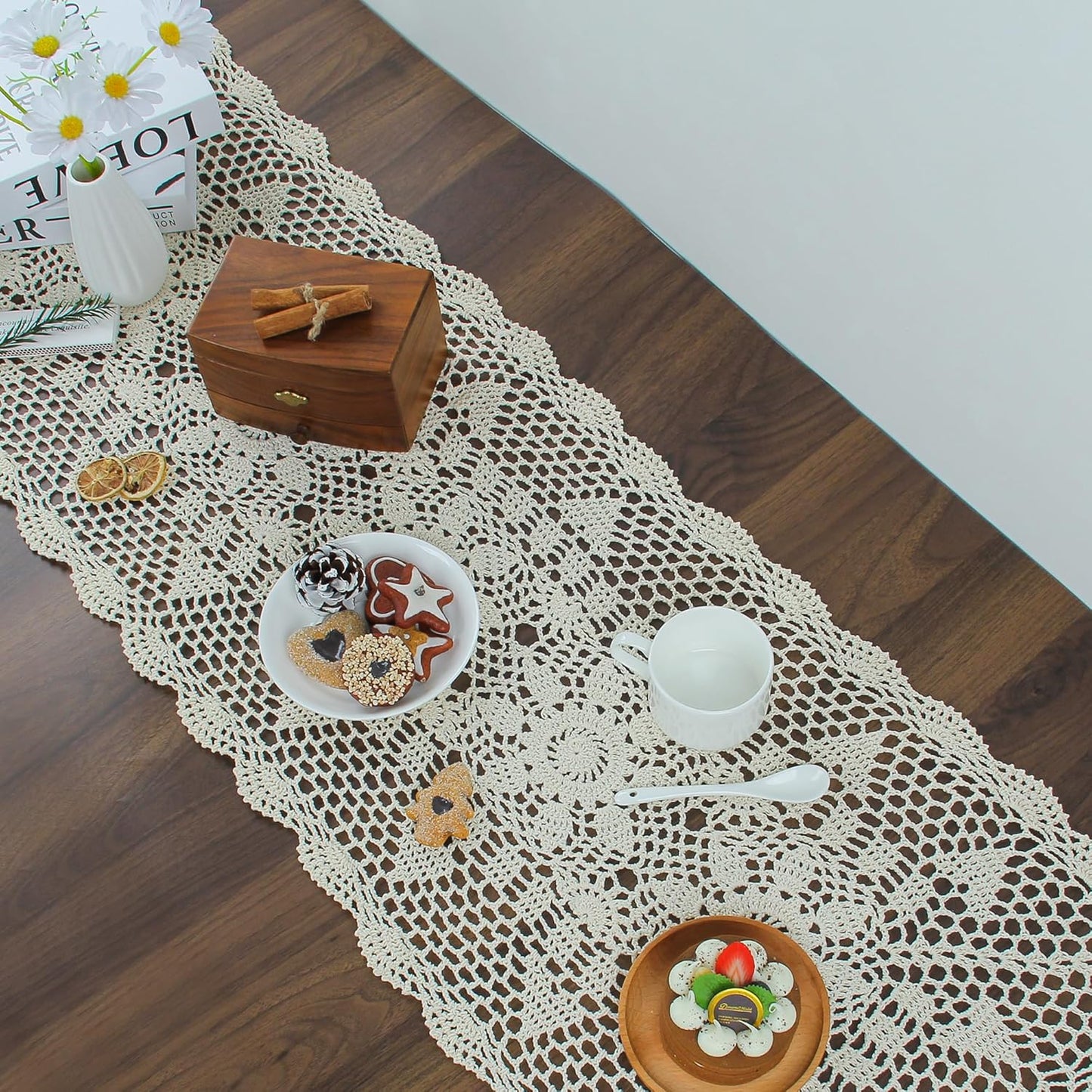 Handmade Crochet Lace Table Runner 15x51 Inch - Elegant White Décor