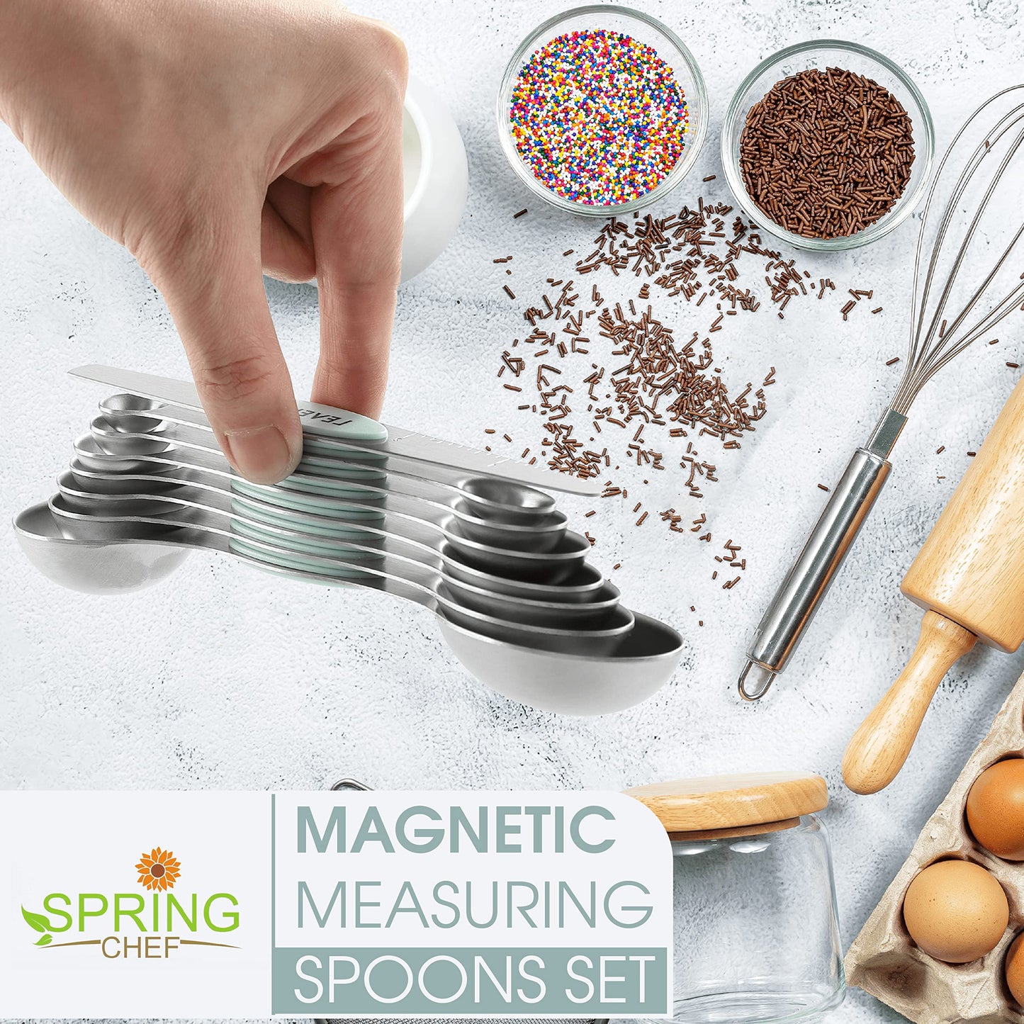 Spring Chef Stainless Steel Magnetic Measuring Spoons Set of 8 with Leveler, Metal Teaspoon & Tablespoon Measuring Spoons, Fits in Spice Jars, Kitchen Gadgets for Baking & Cooking - Set of 2 - Mint