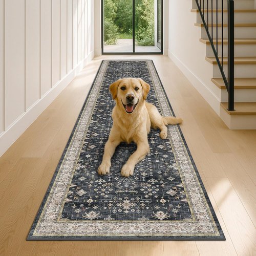 Hazo Haus Black Boho Runner Rug - Washable 3x12 ft | Waterproof, Non-Slip, Stain & Fade Resistant