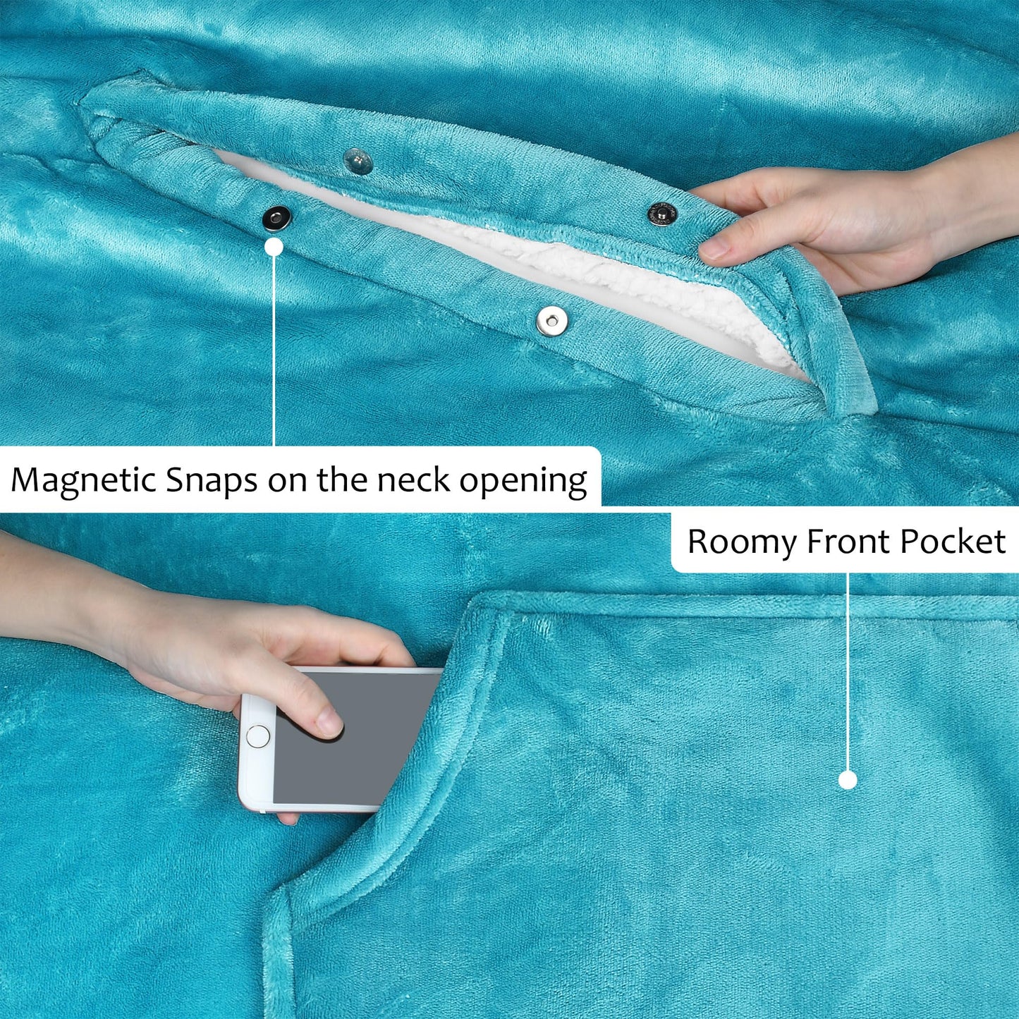Catalonia Sherpa Wearable Blanket Poncho for Adult Women Men, Wrap Blanket Cape with Pocket, Warm, Soft, Cozy, Snuggly, Comfort Gift, No Sleeves, Aqua
