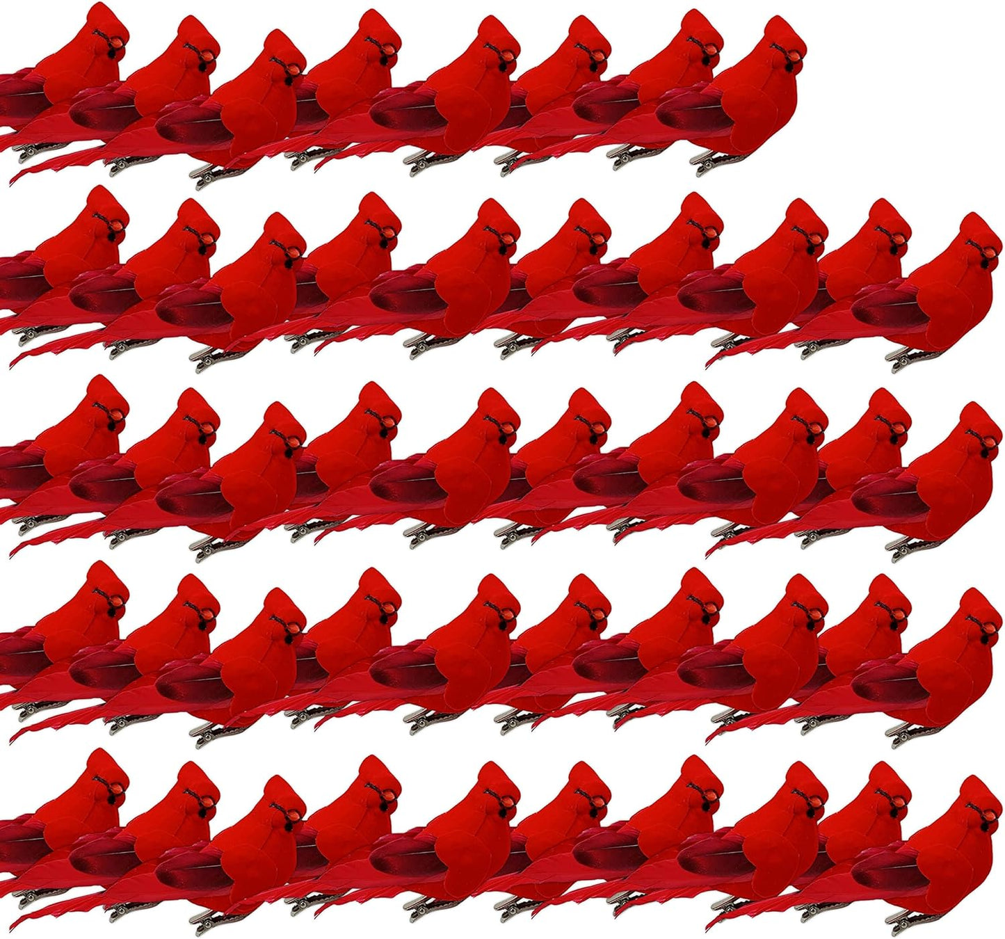 Red Cardinal Clip-On Christmas Tree Ornaments - Set of 12, 5" Long with Flocked Body & Feathered Wings