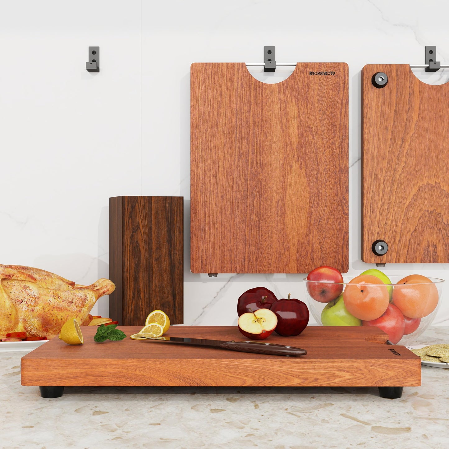Brosisincorp Solid Sapele Wood Cutting Board - Large 15.74" x 11.81" x 1.18" Thick, Non-Toxic, Heavy-Duty Butcher Block with Rubber Feet for Kitchen