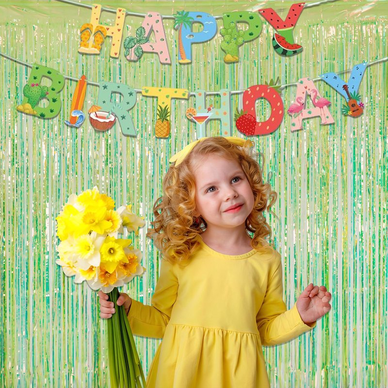 GREATRIL Iridescent Green Party Streamers Tinsel Foil Fringe Curtain for Wild Luau Dinosaur Theme Birthdays Decorations, 3.2 x 6.5 ft, 2 Pack