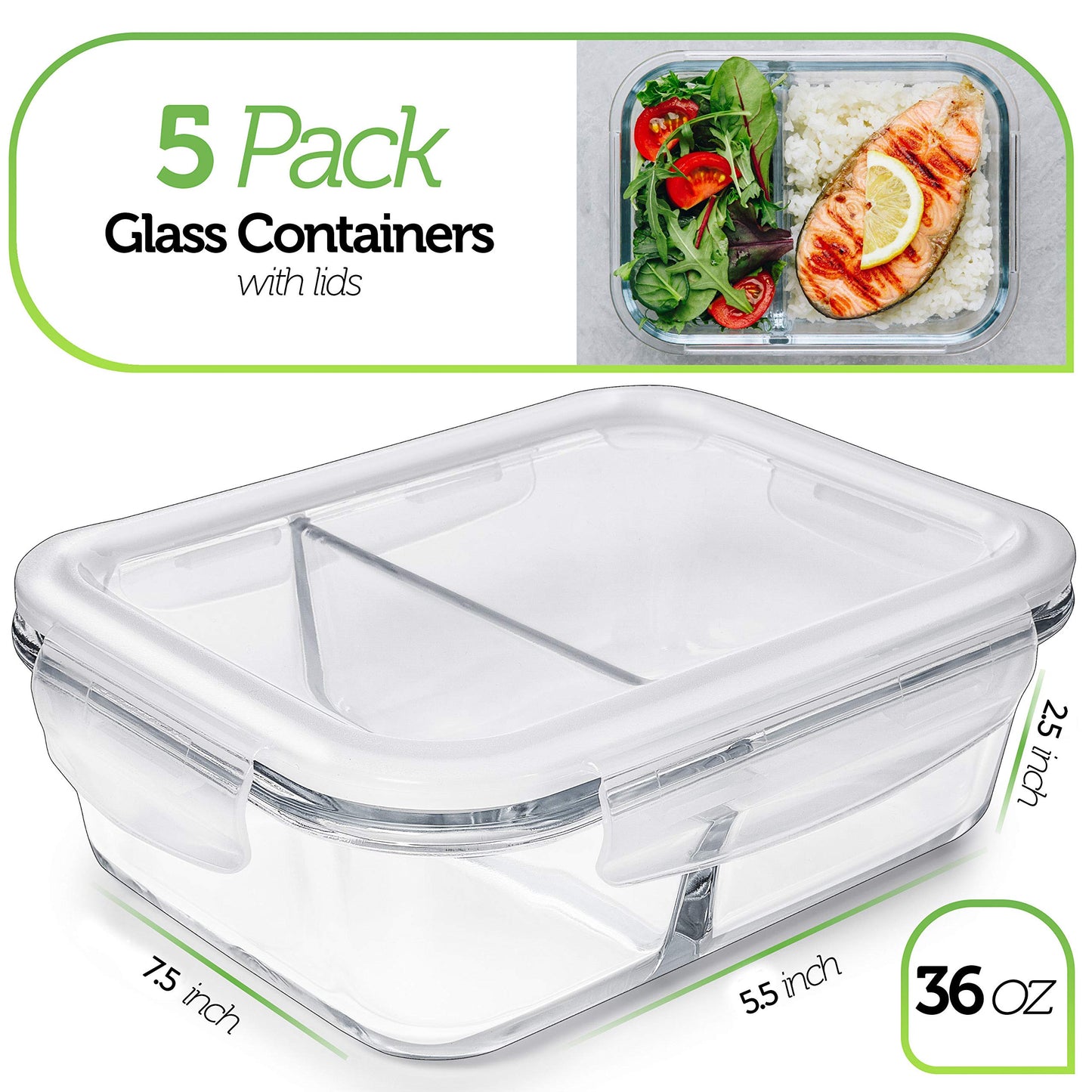 Prep Naturals 36oz Glass Meal Prep Containers - Airtight Glass Food Storage Containers with Lids - Dishwasher, Microwave & Oven Safe Meal Prep Bowls - Pack of 5, 36 Oz, 2-Compartment, Clear