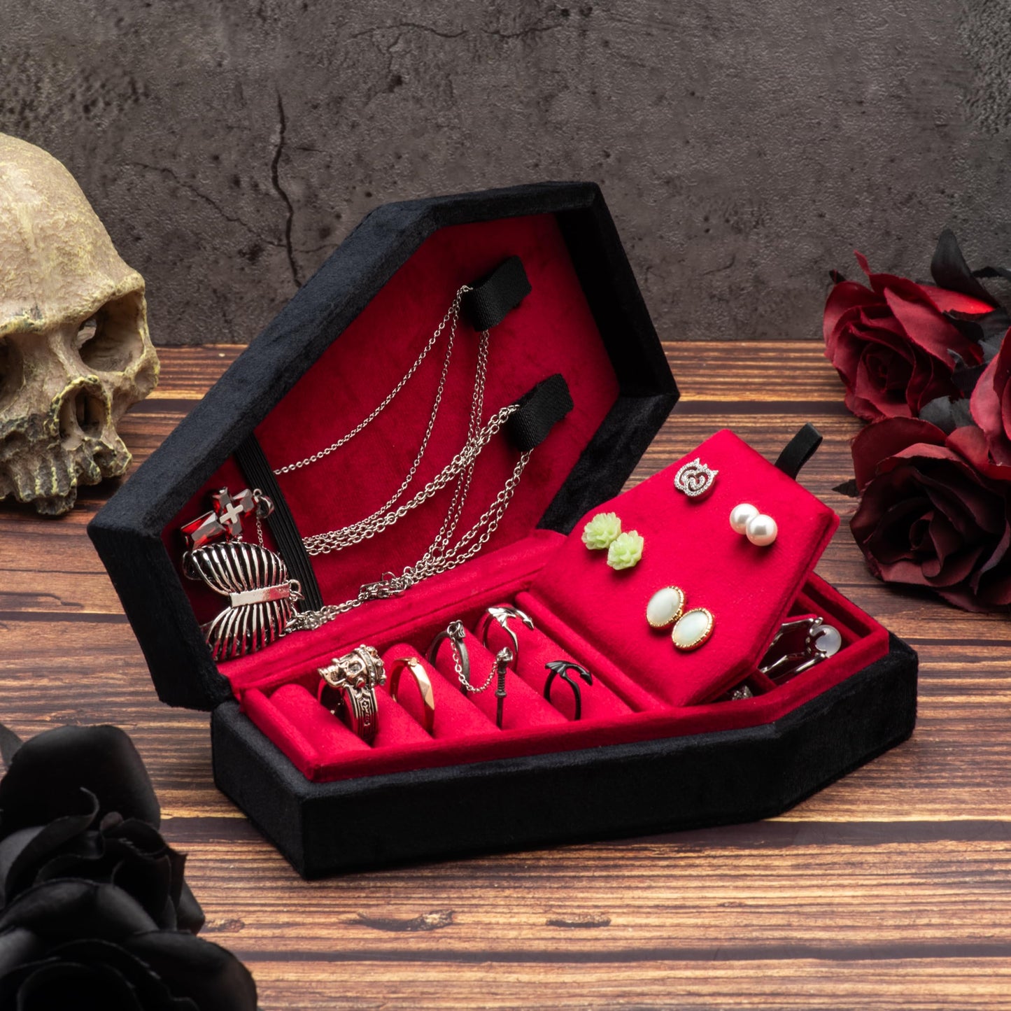 Giftop Velvet Coffin Jewelry Travel Case Holder for Gothic Wedding Ceremony,Gothic Jewelry Organizer Decoration (Black Red 4 Grid)