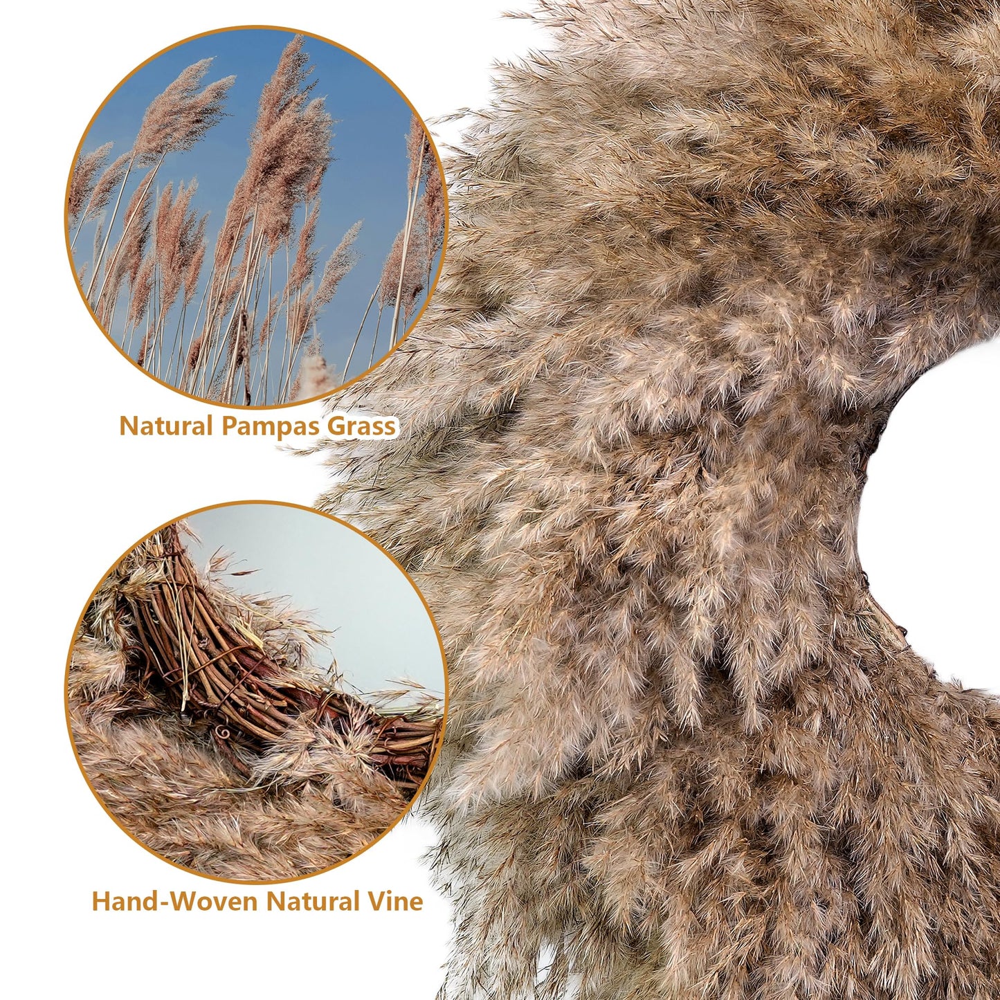 Natural Pampas Grass Wreath, 20'' Real Pampas Wreath for Front Door, Boho Wall Decor, Farmhouse Style, DIY Wreath Arrangement, Feather Wall Decor