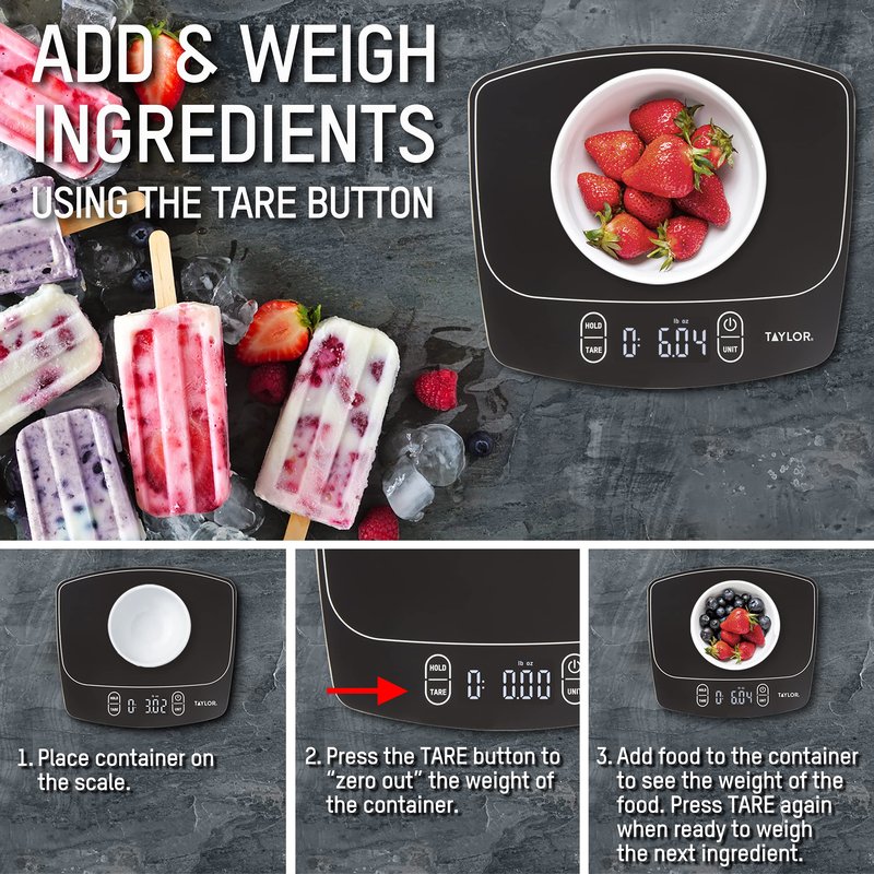 Taylor Waterproof Digital Kitchen Scale, 11 pounds, Black