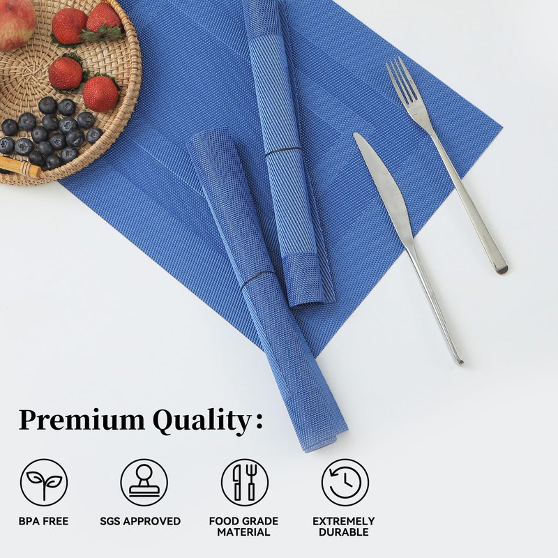 Leetaltree Blue Frame Placemats Set of 12 - Heat Resistant Non-Slip Place mats for Dining Table, Washable Durable PVC Vinyl Woven Table Mats(Blue Frame, 12)