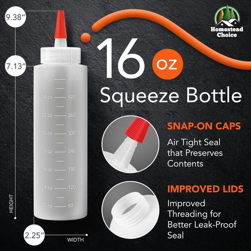 Homestead Choice 2-pack Plastic Squeeze Bottles for Sauces - 16oz Condiment Squeeze Bottles for Liquids - BPA Free Squirt Bottle with Cap - Ketchup, Syrup, Oil, Dressings, Honey & Arts and Crafts