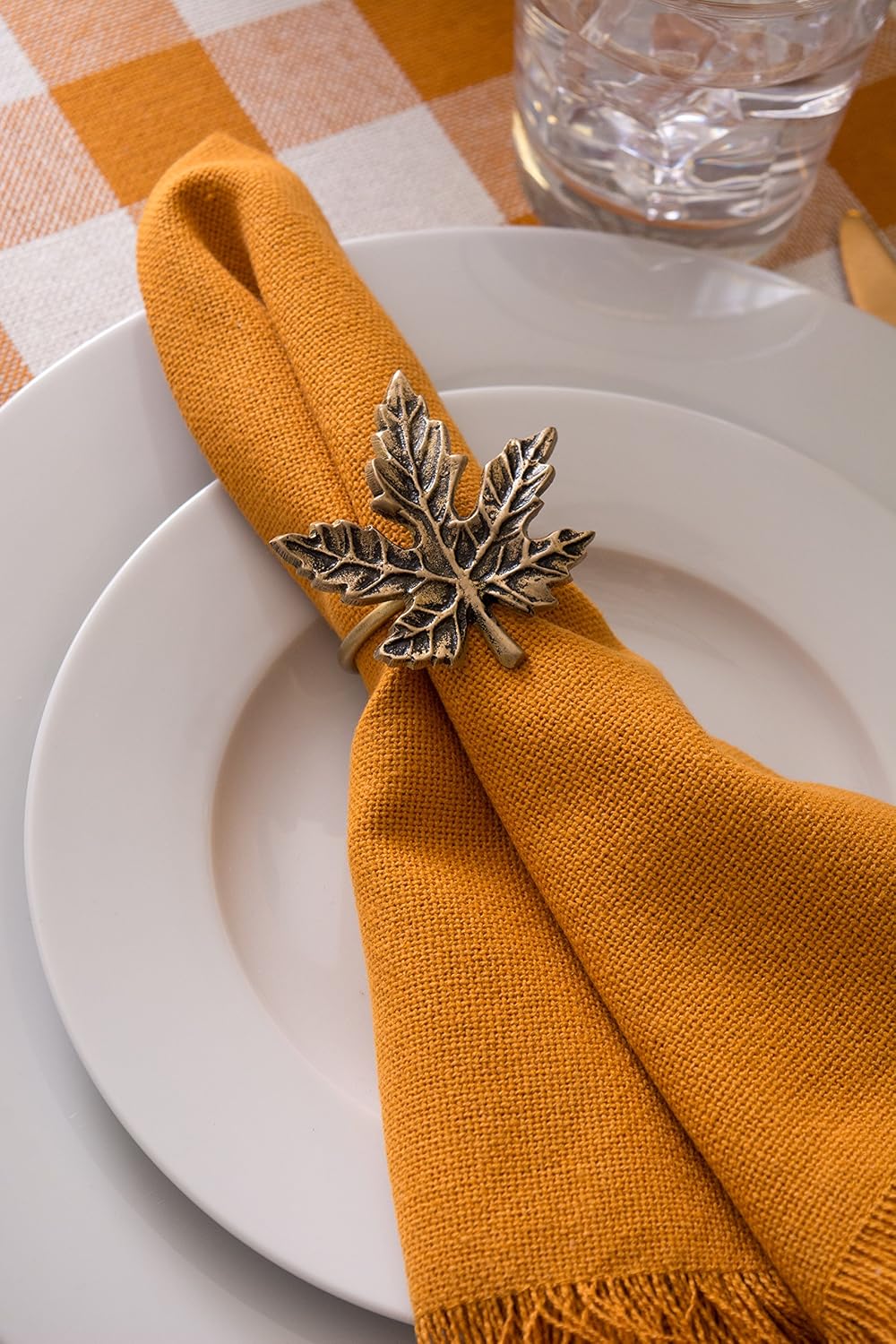 Gold Maple Leaf Napkin Ring Holder Set - 6 Piece Decorative Tabletop Décor for Christmas & Thanksgiving