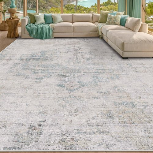 Hazo Haus Modern Farmhouse Area Rug - 10x14 Blue Gray Lightweight Washable Rug for Living Room & Dining Room