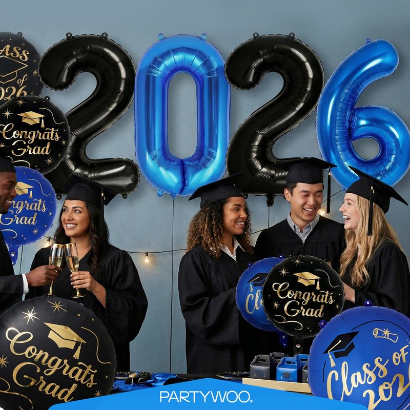 PartyWoo Graduation Balloons Class of 2026 Black Blue Gold 12pcs Balloons 40 Inch 2026 Foil Number Balloons 18 Inch Congrats Grad Mylar Balloons for Black Blue Graduation Decorations Party Supplies