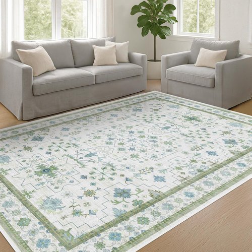 Hazo Haus Oushak Area Rug - Vintage Boho Floral Geometric Design, 5x7, Washable Non-Slip for Cozy Rooms