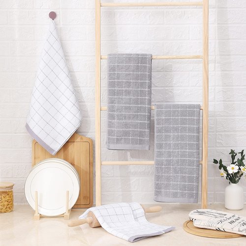 Homaxy 100% Cotton Terry Kitchen Towels(White and Light Grey, 13 x 28 Inches), Checkered Designed, Soft and Super Absorbent Dish Towels, 6 Pack
