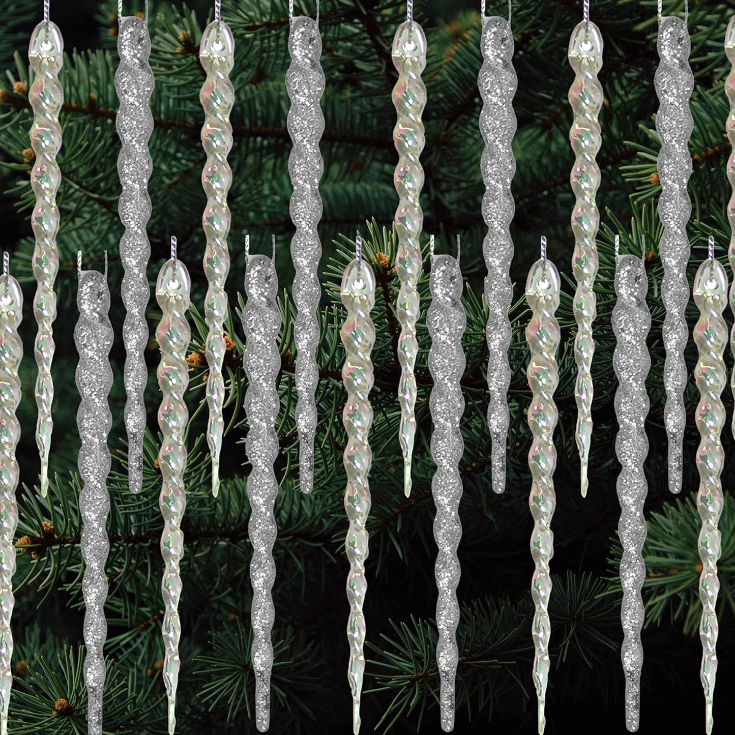 48-Piece Shatterproof Icicle Ornaments Set for Christmas Trees - 24 Glitter Silver & 24 Clear Iridescent - 5” Long