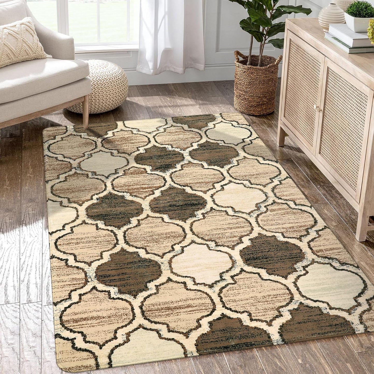 Lahome Moroccan Living Room Carpet - 4x6 Area Rug Washable Non-Slip Soft Rugs for Bedroom Ultra-Thin Throw Rug for Office, Modern Print Indoor Carpet Rug for Laundry Room Kitchen (Coffee, 4'x6')