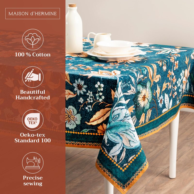 Maison d' Hermine Table Cloth Rectangle Table 100% Cotton 70 x 90 Inches Fall Tablecloth Reusable Everyday Use for Thanksgiving Christmas Decorations Dining Farmhouse Party (Luxury Loft - Dark Teal)