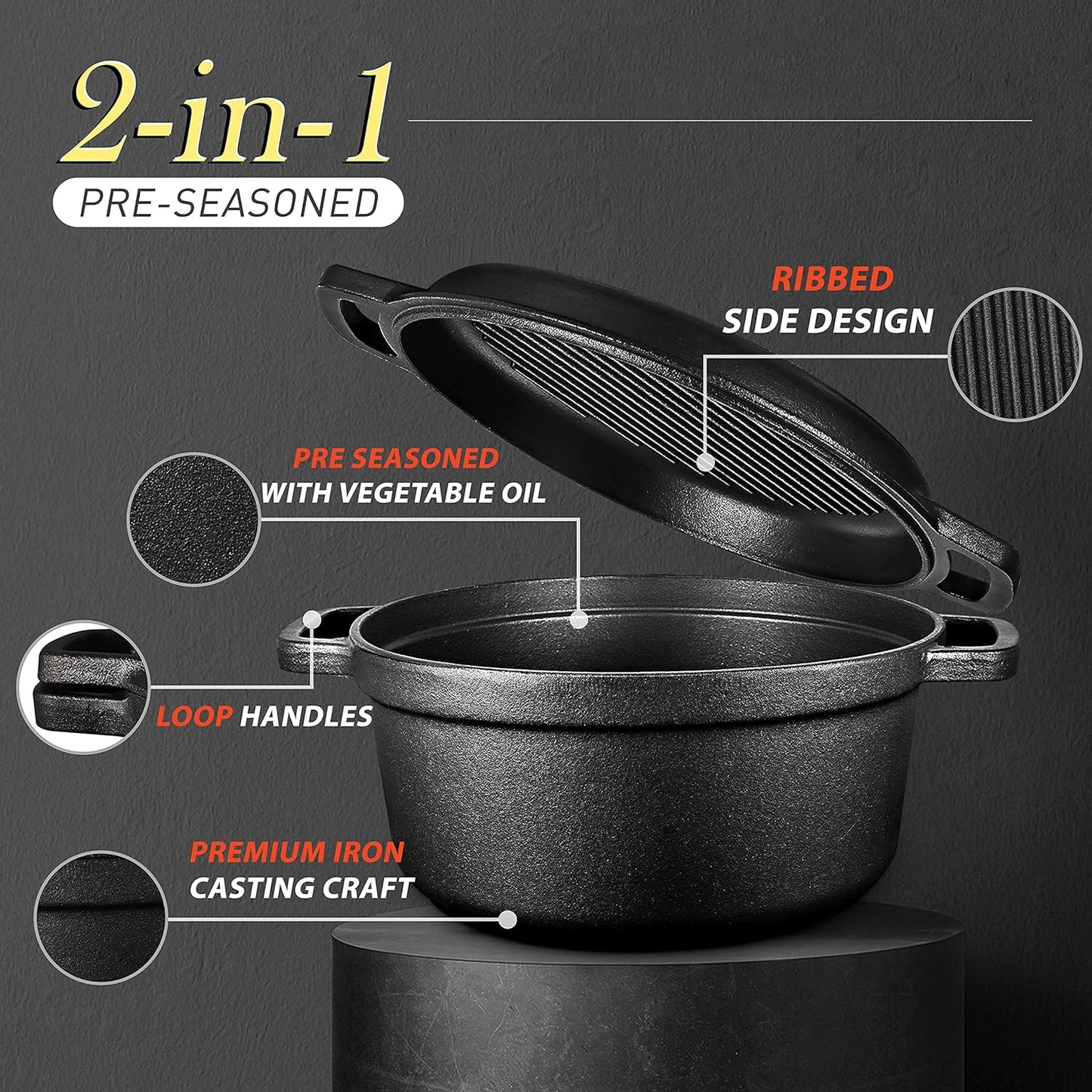 Pre-Seasoned Cast Iron 2-In-1 Heavy-Duty 5.5qt Dutch Oven With Skillet Lid Set, Oven,Grill, Stove Top, BBQ and Induction Safe