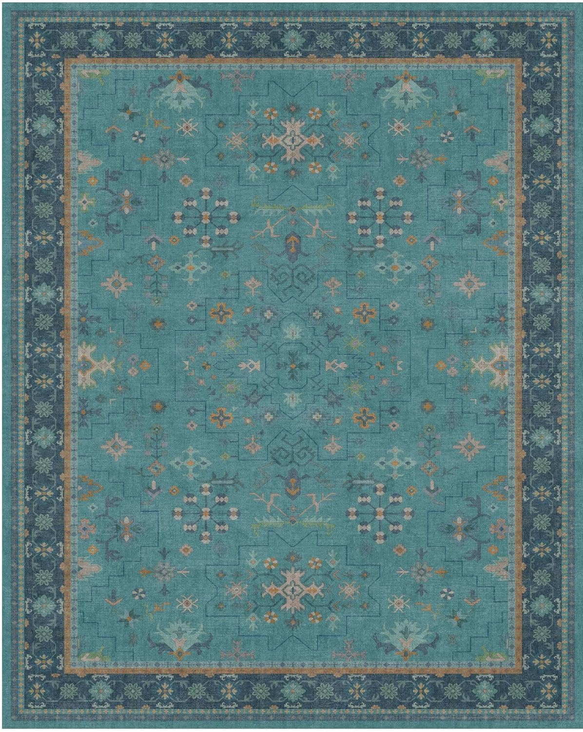 Skiennix Teal Area Rug - Washable Non-Skid Design for Entryway, Kitchen, Bathroom | Boho Geometric Floral, Low Pile