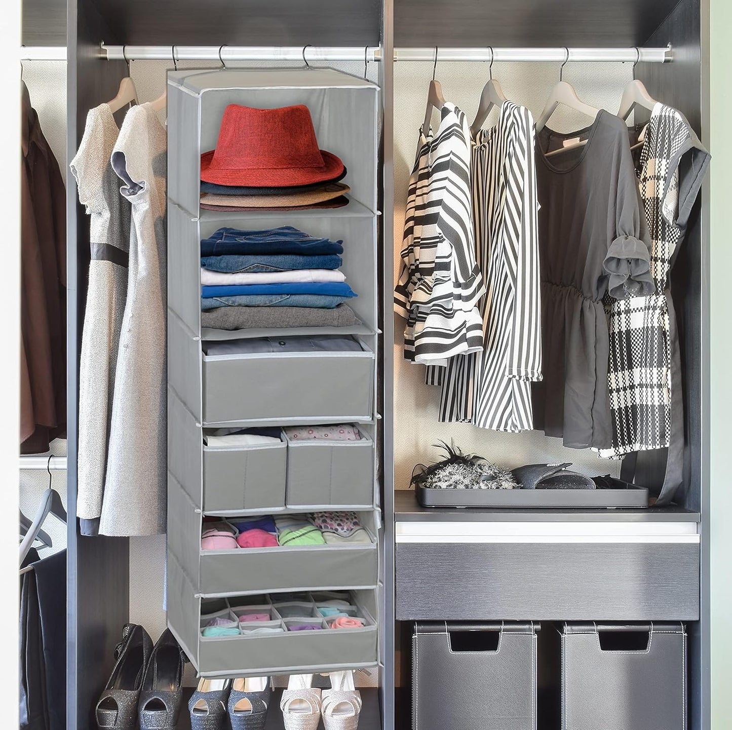 Simple Houseware 6-Shelf Closet Organizer - Gray Hanging Storage with 5 Drawers