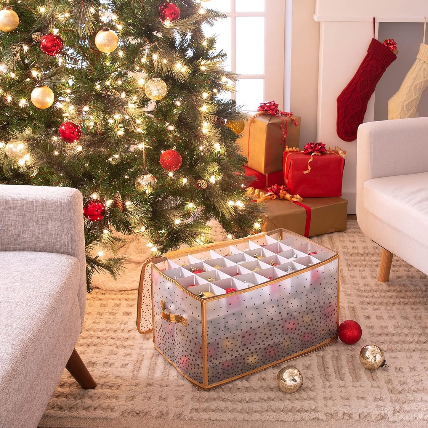 Ornament Storage Organizer for 112 Ornaments | Zipper Closure | Space-Saving Red Design