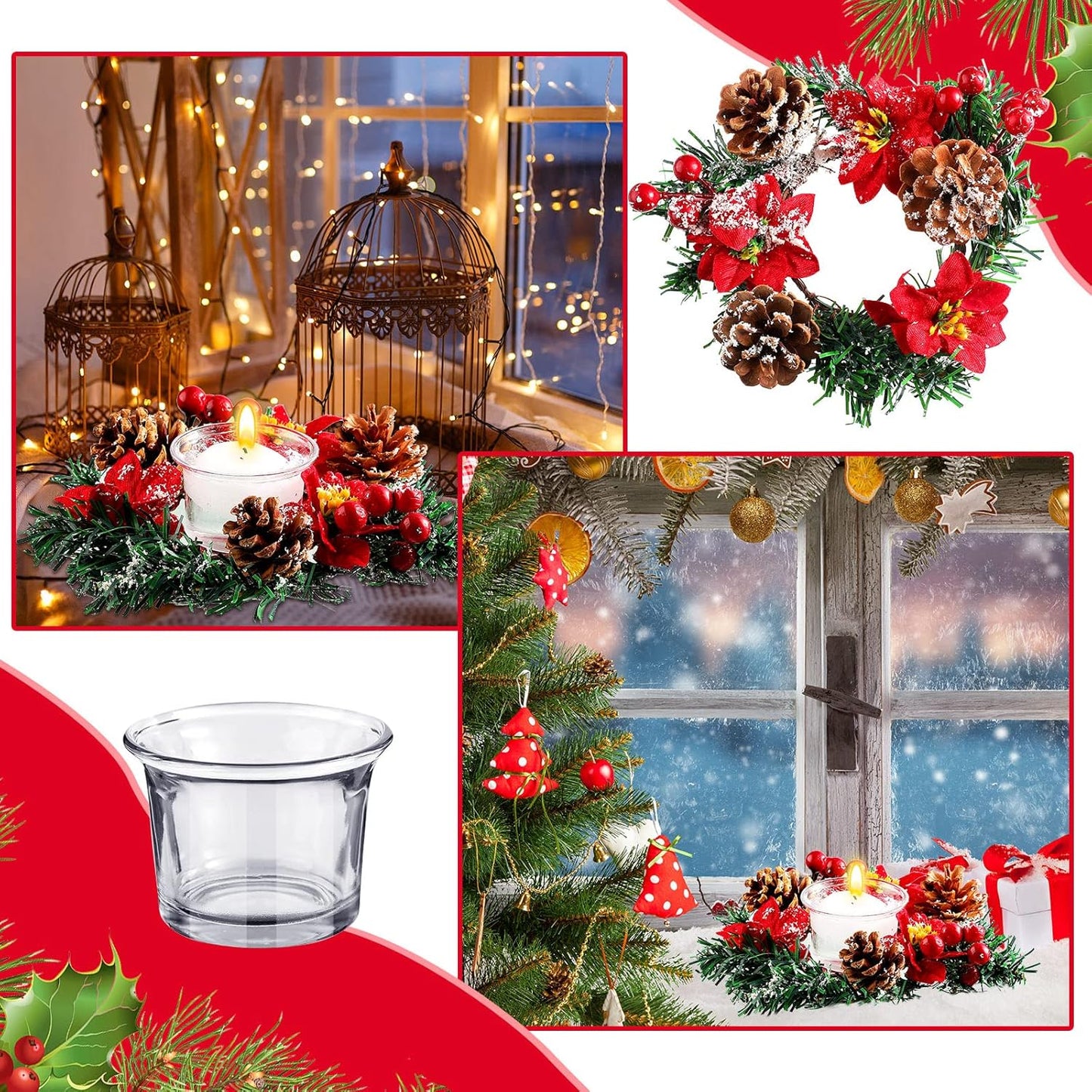Regine Switzerland 8-Pack Christmas Poinsettia Candle Rings - Tealight Holders & Centerpiece Decor