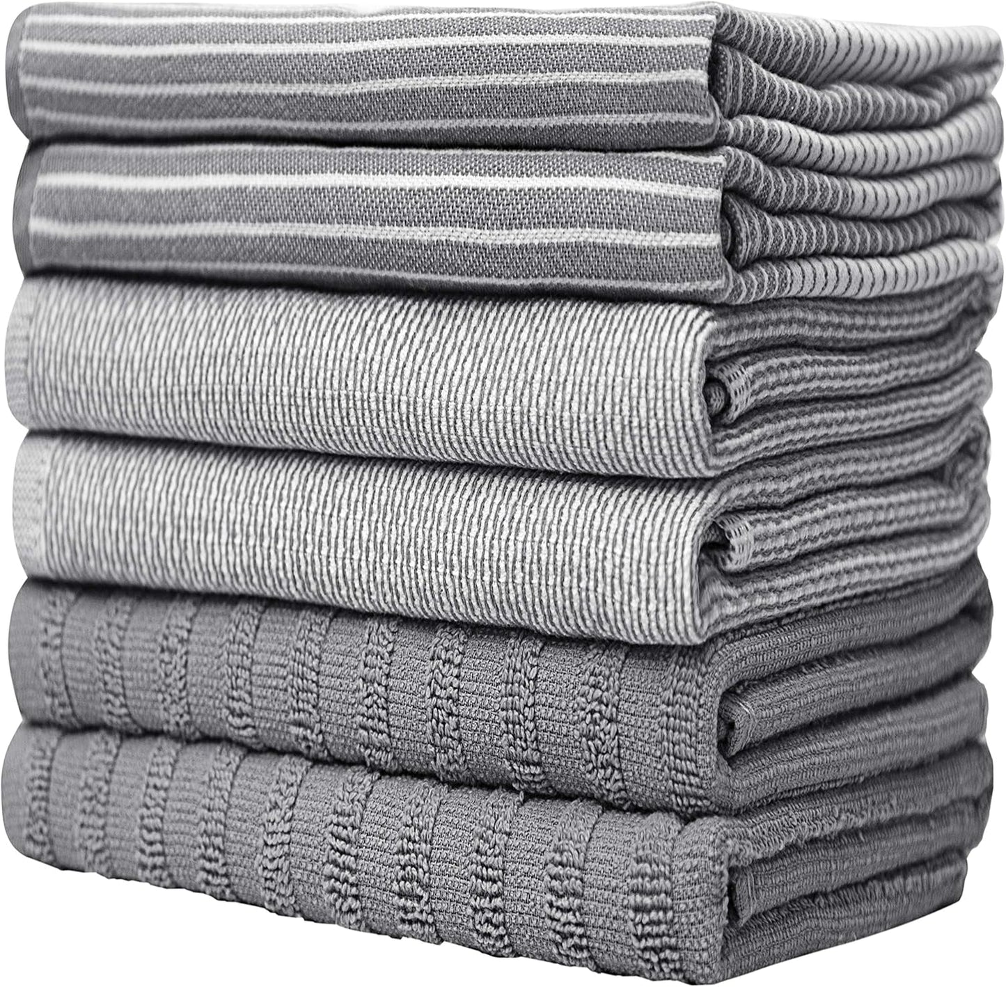 Premium Kitchen Towels - Highly Absorbent Cotton Dish Towels | 20”x28”, 6 Pack | Gray with Hanging Loop