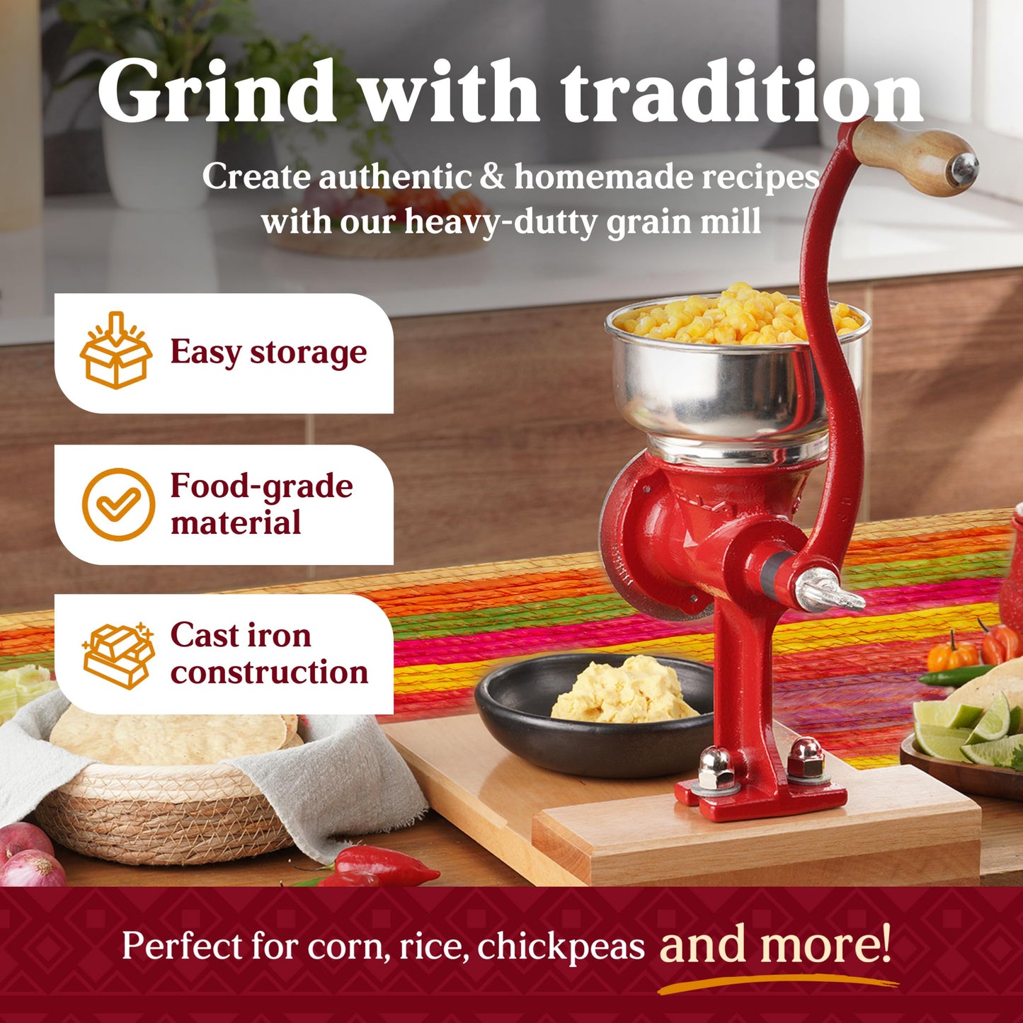 Estrella Grain Mill with Wooden Table, Mexican Manual Corn Grinder for Rice, Chickpeas, Nixtamal Mill Grinder with Cast Iron Construction, (0.8 Quart / 0.75 Liter) Low Hopper