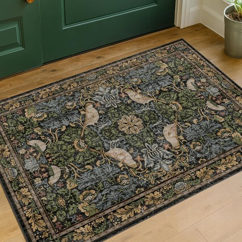 Hazo Haus Washable Floral Rugs - Vintage Dark Botanical Design | Small 2x3 Indoor Mat in Brown Tones