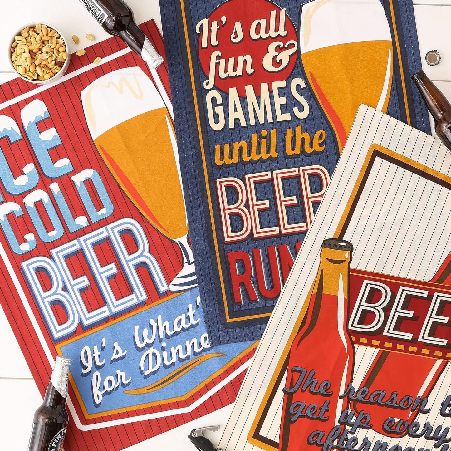 Retro Beer Dishtowel Set - 3 Assorted 18x28 Kitchen Towels for Home Cooking