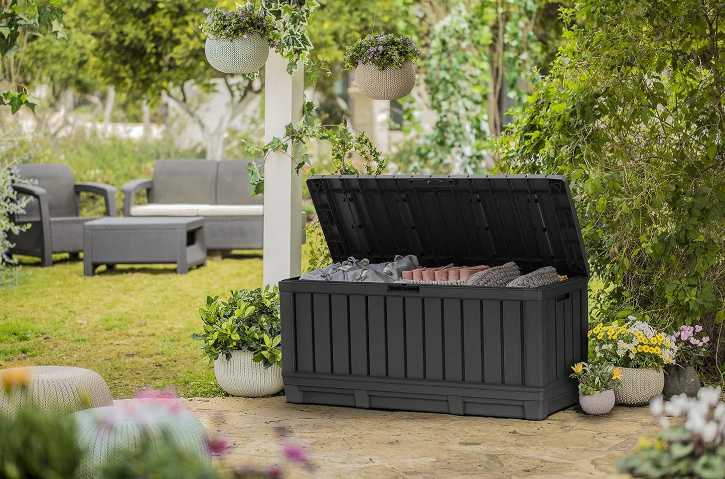 Keter Kentwood 92 Gallon Resin Deck Box - Outdoor Storage for Patio Furniture & Cushions | Dark Grey