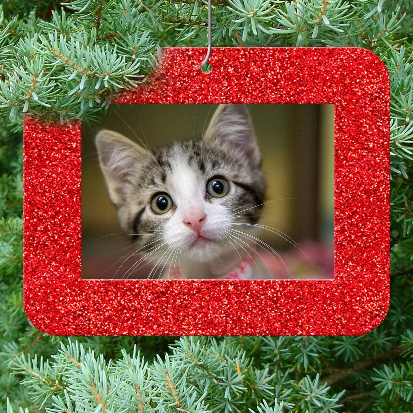 Mini Glitter Photo Christmas Ornaments - Magnetic Easy-Load Frames, Red 6-Pack