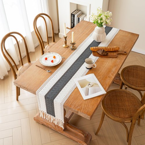 FEXIA Boho Table Runner for Home Decor with Tassels 36 Inches Long,Grey Farmhouse Rustic Table Runner Macrame Burlap Table Decoration for Living Room Bridal Shower(12x36 Inches)