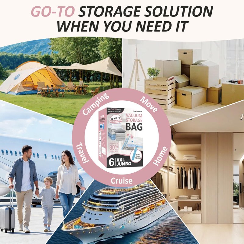 Cozy Essential Vacuum Storage Bags, 80% Compression Vacuum Seal Space Saver Plastic Packaging Bags for Clothes, Blankets, Pillow, Bedding, Comforters, Sealer Clothing Storage,6 XXL Jumbo
