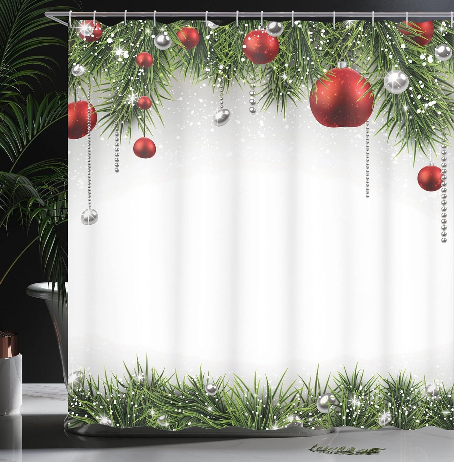 Christmas Shower Curtain with Ornaments & Pine Tree Design - 69x70 Fabric Bathroom Decor Set
