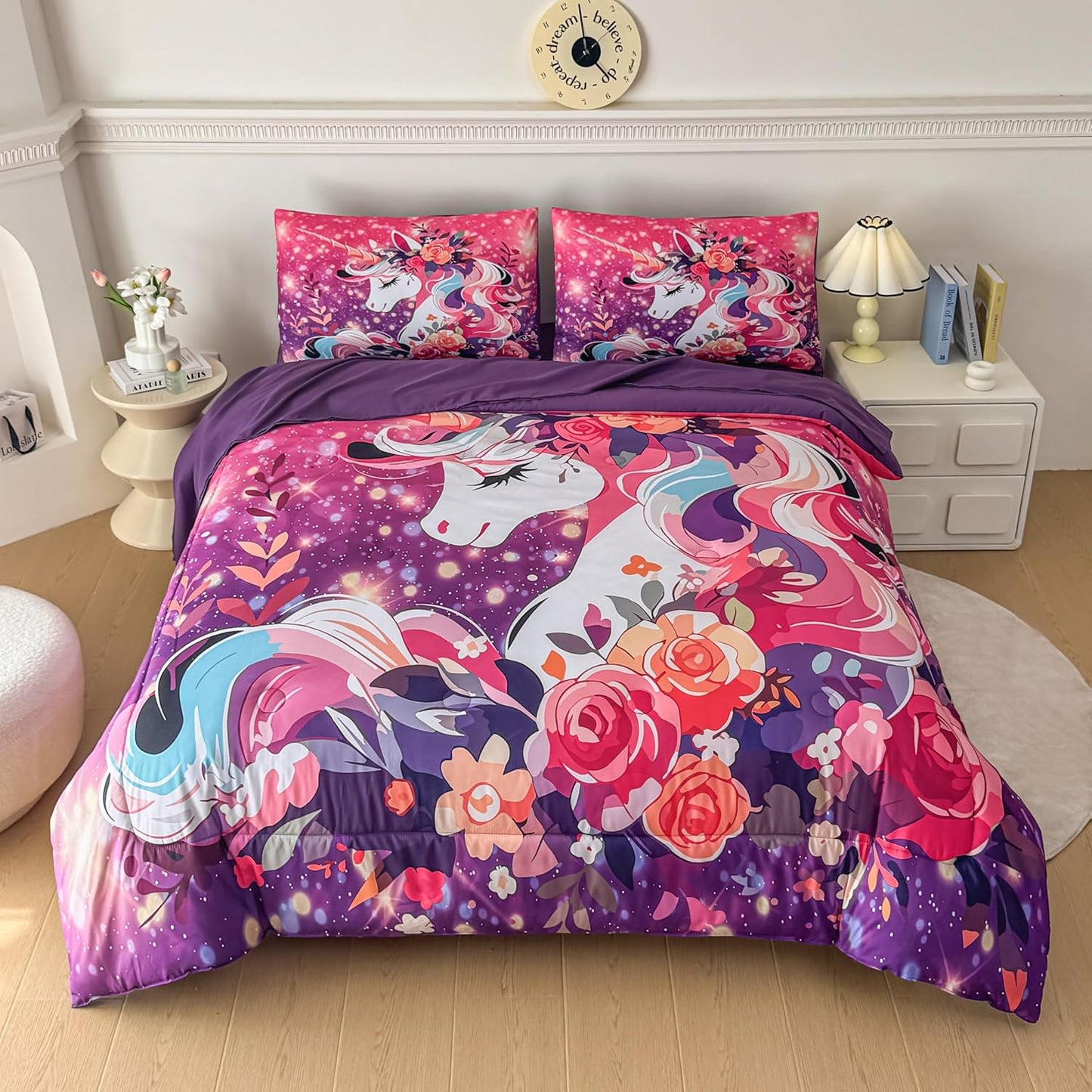 Peopleareok Unicorn Full Comforter Set for Girls Kids, Cute Pink Purple Unicorn Print Bedding Set Full, 5-Piece Bed in a Bag, Kids Cartoon Kawaii Comforter with Sheet Set