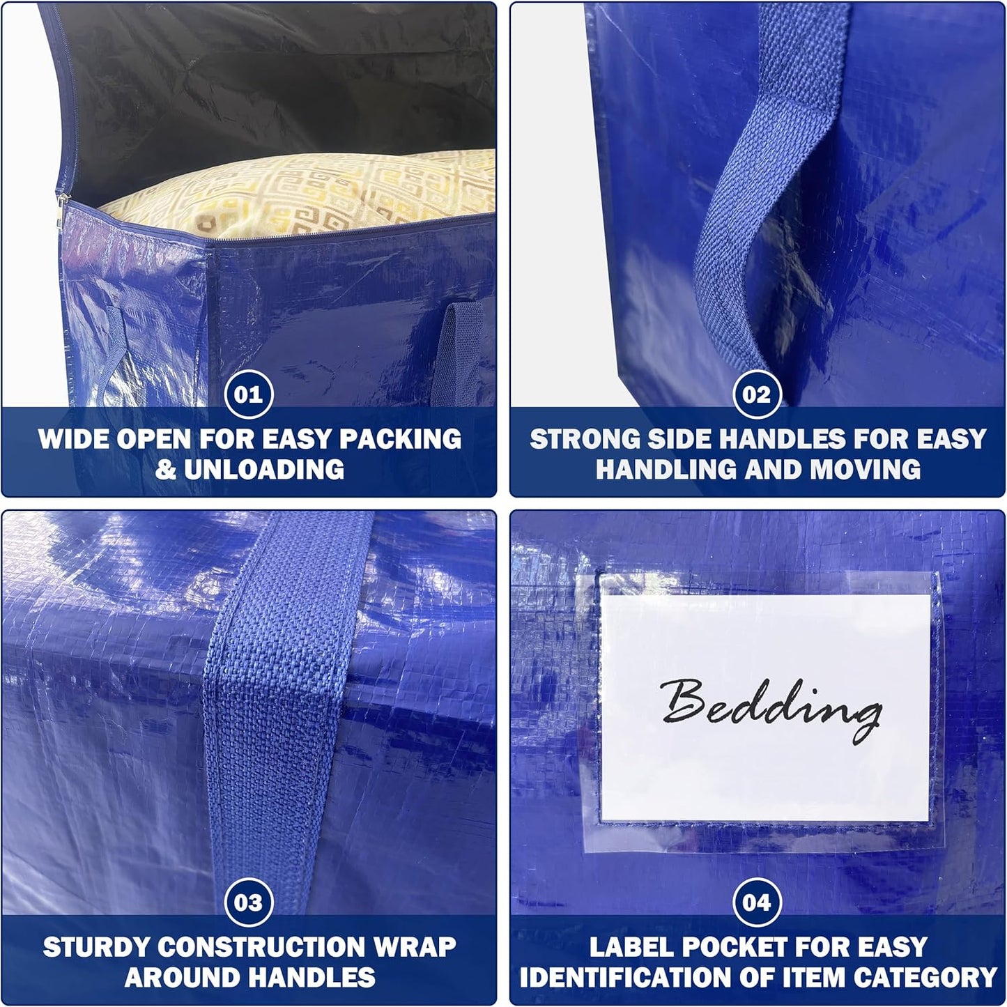 Skiennix Extra Heavy Duty Moving Bags - 8 Pack with Strong Zipper & Handles | 24 Gallon Dark Blue Storage Totes