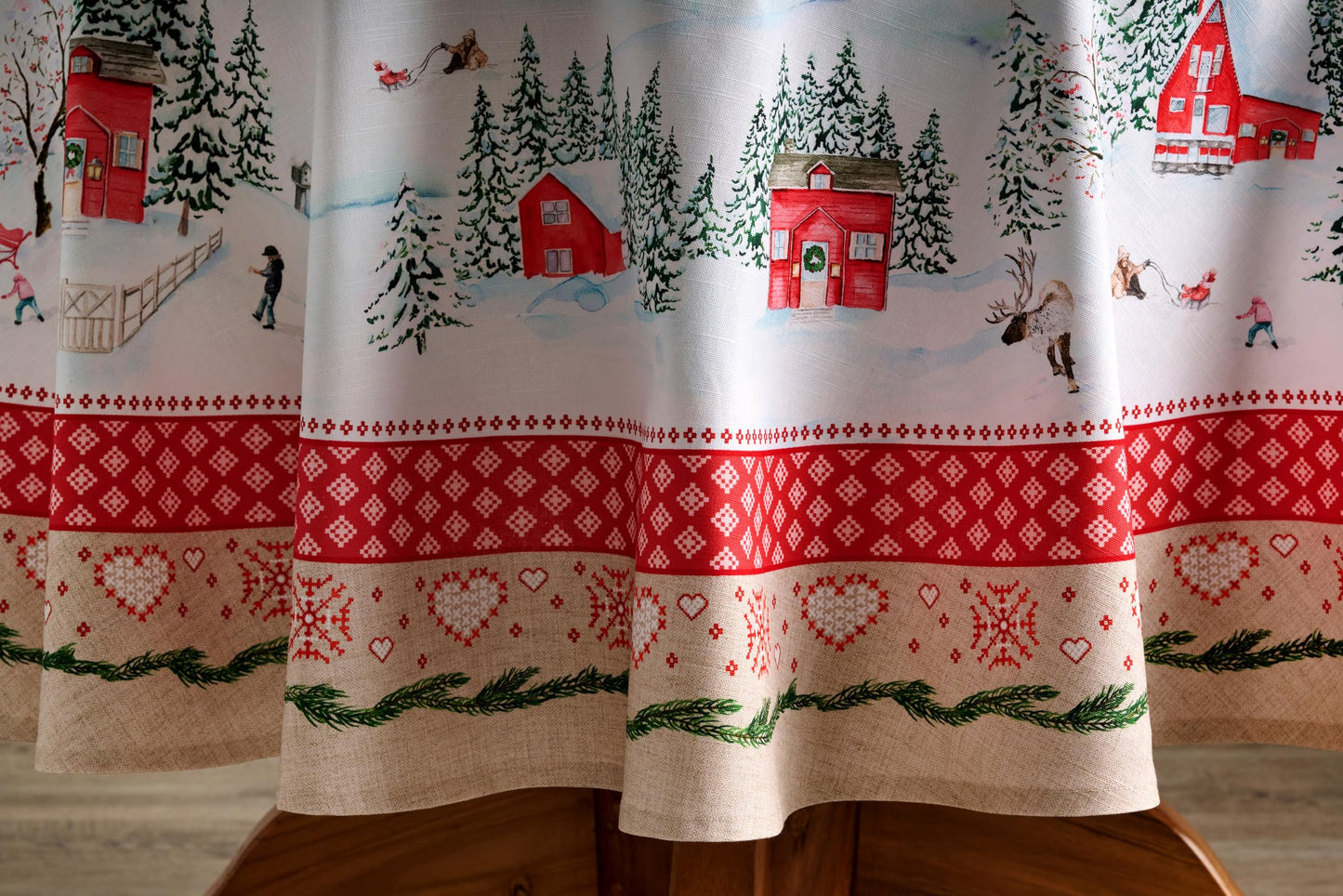 Maison d' Hermine Table Cloth Round Table 100% Cotton 63 Inches Fall Tablecloth Reusable Everyday Use for Thanksgiving Christmas Decorations Dining Farmhouse Party (Rural Christmas)