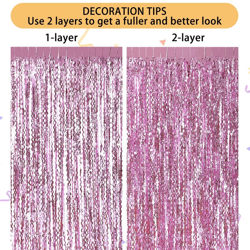 Pink Foil Fringe Curtain - Wavy Fringe Backdrop 3.3 x 6.6 Feet, Pack of 3 | Pink Streamers Party Decorations Birthday Decorations Valentine's Day Decoration Party Supplies