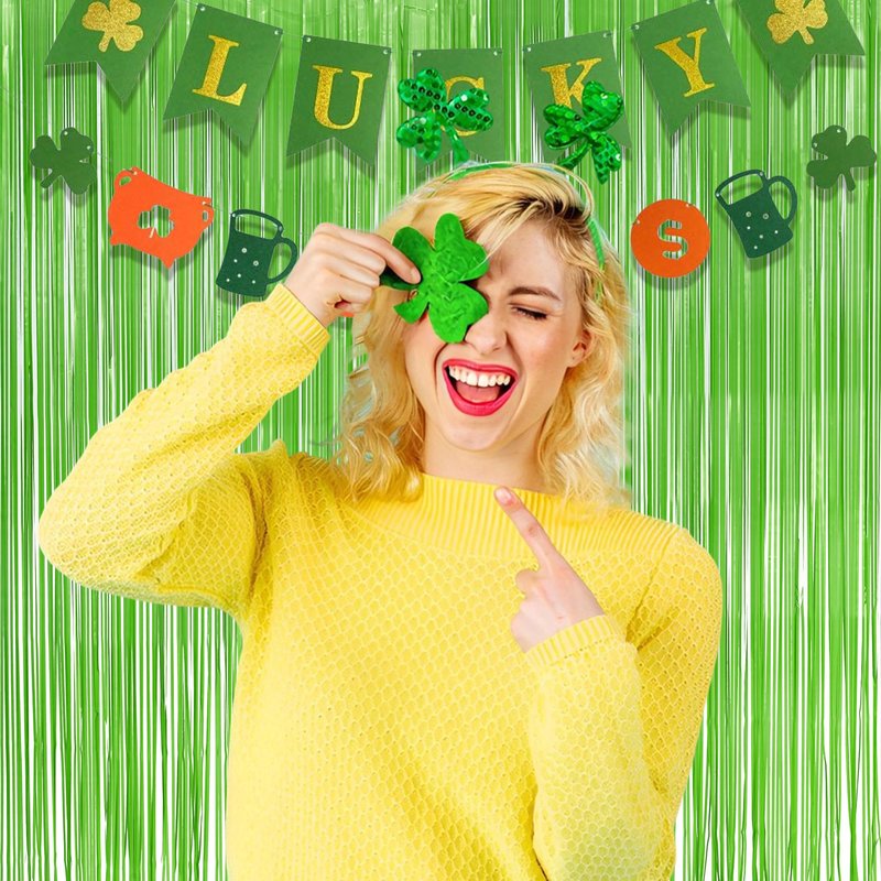 Lime Green Streamers Party Backdrop - GREATRIL Tinsel Curtain for St Patrick's Day/Frog/Wizard - 3.2ft X 8.2ft - 2 Packs