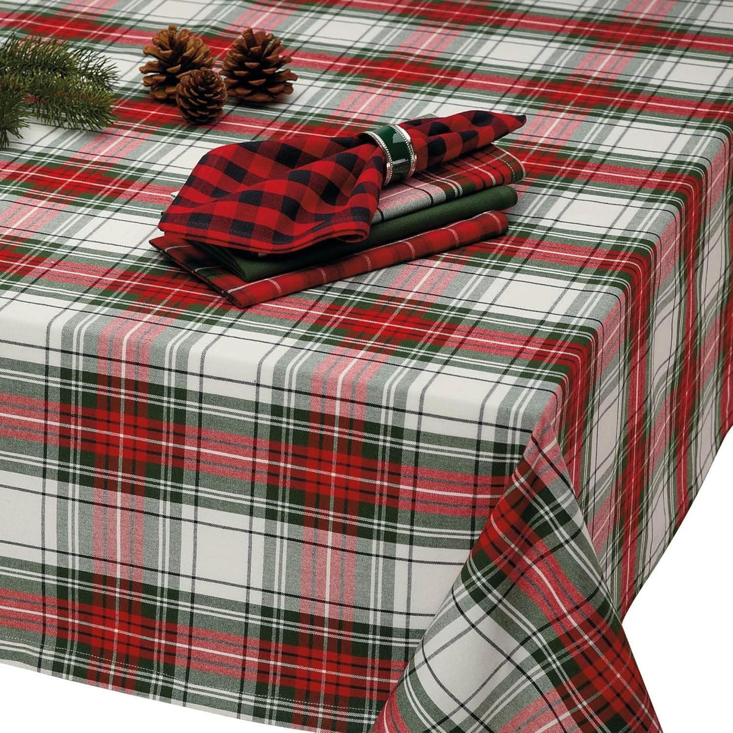 Tartan Plaid Christmas Tablecloth - 52x52 Square Holiday Décor in Red, Green & White