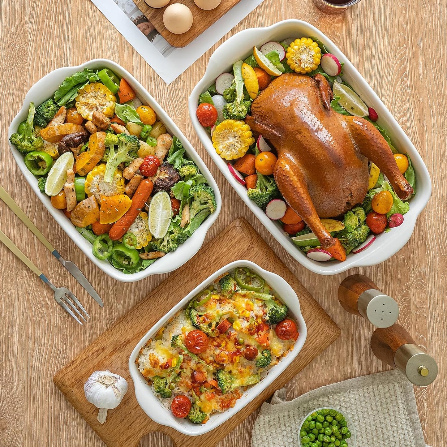 Skiennix 3-Pack Ceramic Baking Dishes Set - Heavy-Duty Oven-Safe Stoneware | Deep Rectangular Casserole Pans (13.8''/12''/9.6'' Pure Off-White)