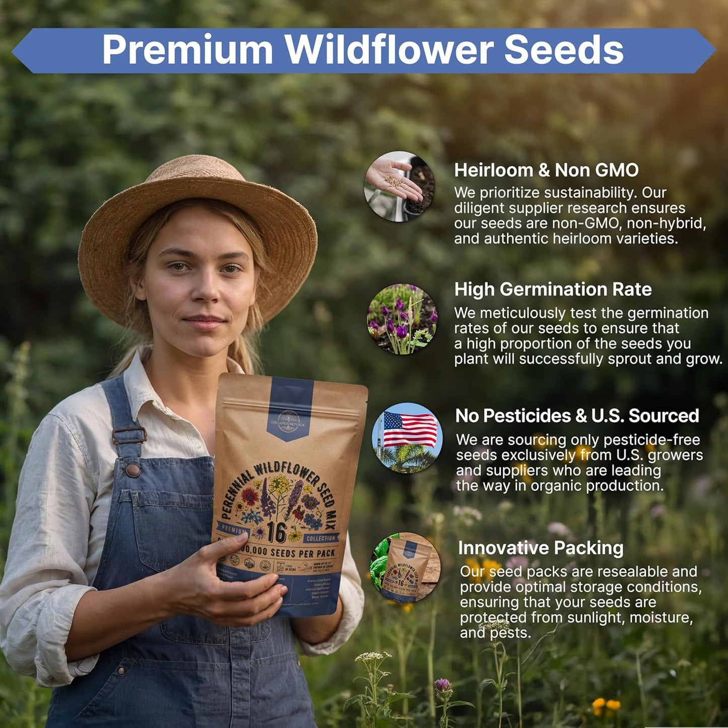 Organo Republic Wildflower Seeds Mix - 100,000+ Non-GMO Heirloom Seeds for Indoor & Outdoor Gardens | 4oz Packet