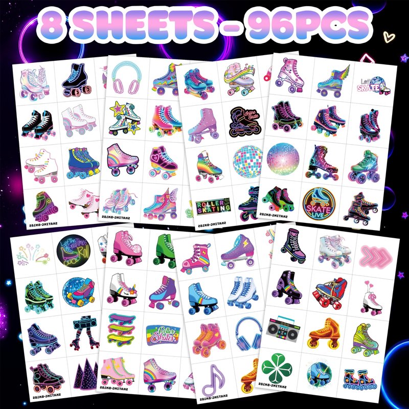Neon Roller Skate Temporary Tattoos - 8 Sheets (96PCS) 80s 90s Theme Birthday Party Decorations Supplies Favors Stickers for Kids Girls Boys Gifts Classroom School Prizes Rewards