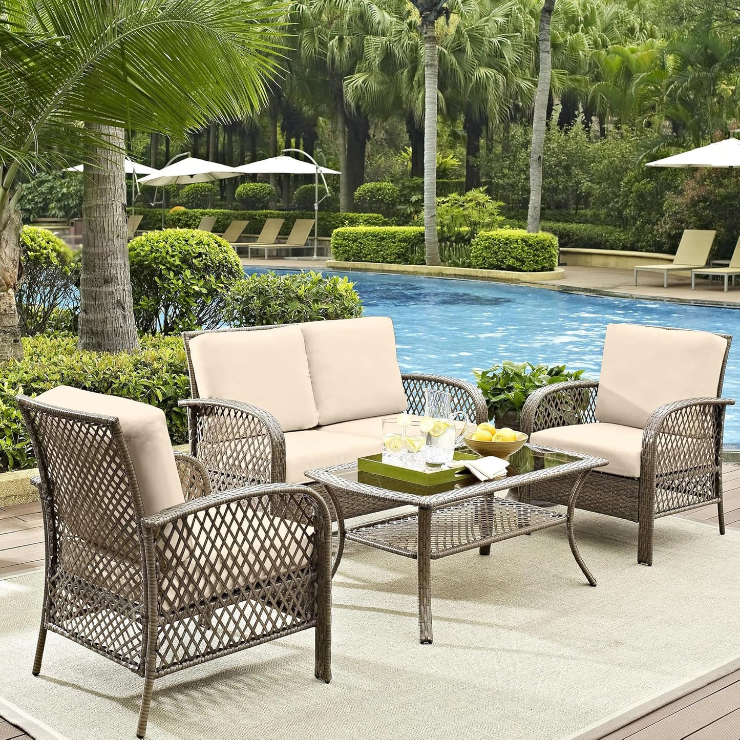 Skiennix Outdoor Cushion Covers - Washable & Reusable Stretch Slipcovers for Patio Furniture | Beige, 8 Pcs