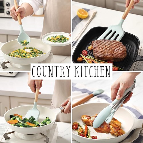 Country Kitchen Non-Stick Silicone Utensil Set - 38 Piece Cooking & Baking Tools in Mint