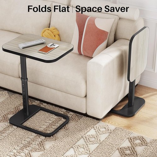 Driftwood Grey TV Tray Table - Adjustable Height & Rounded Metal Corners | C-Shaped Snack Table for Small Spaces
