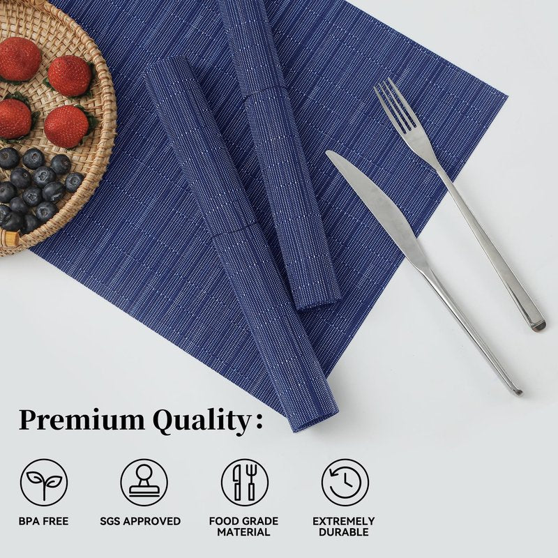 Leetaltree Blue Placemats Set of 8 - Heat Resistant Non-Slip Place mats for Dining Table, Washable Durable PVC Vinyl Woven Table Mats(Blue, 8)